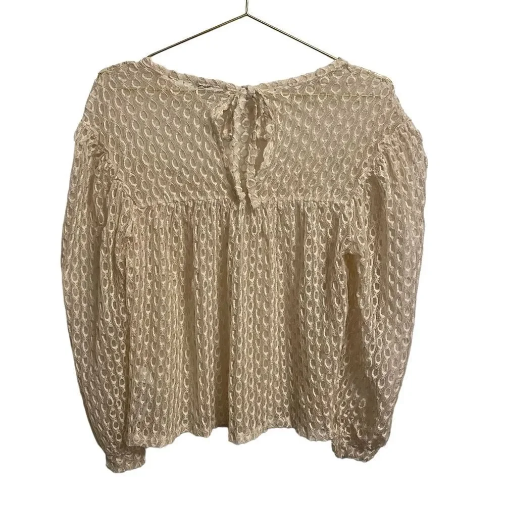 Zara Cream Embroidered Scoop Neck Puff Sleeve Blouse Shear Size MED